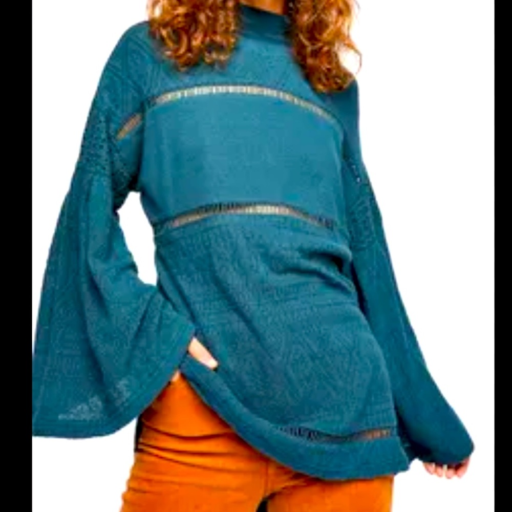 🔥Free People small Sunday Funday bell long sleeve mock neck turtleneck turquoise